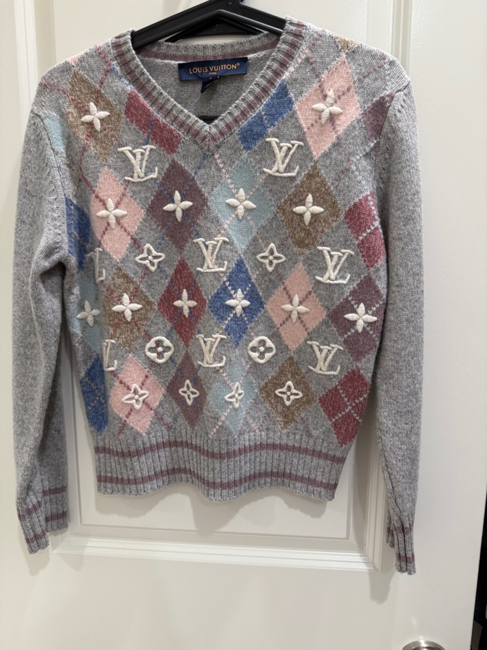 Louis Vuitton Grey Multicolor Argyle Embroidered V-Neck Sweater